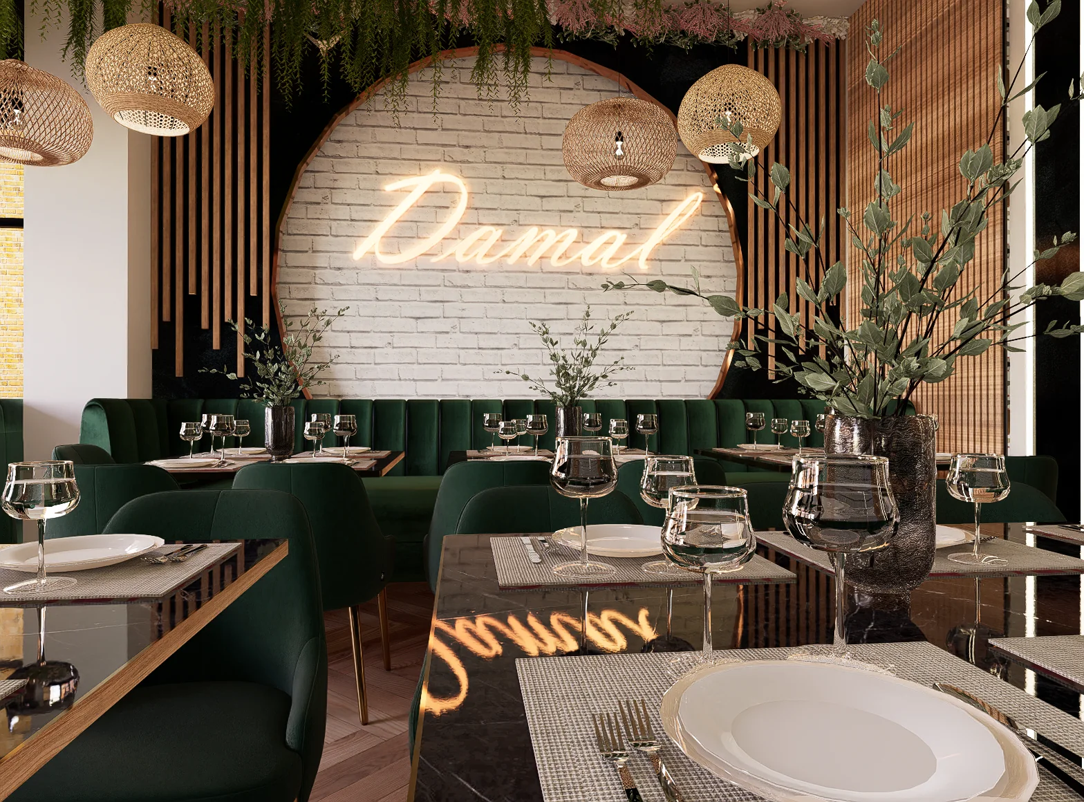 Completed Damal restaurant interior with green seating and woven pendant lighting