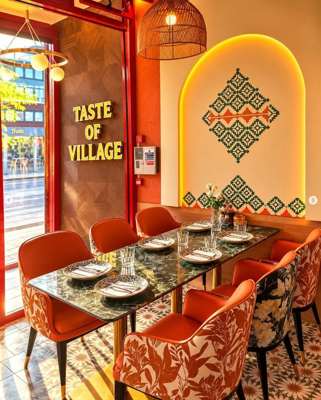 Taste of Village completed restaurant interior with patterned arch and orange seating